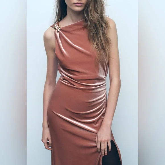 Zara Velvet Blush Color Midi Dress - Picture 4 of 16